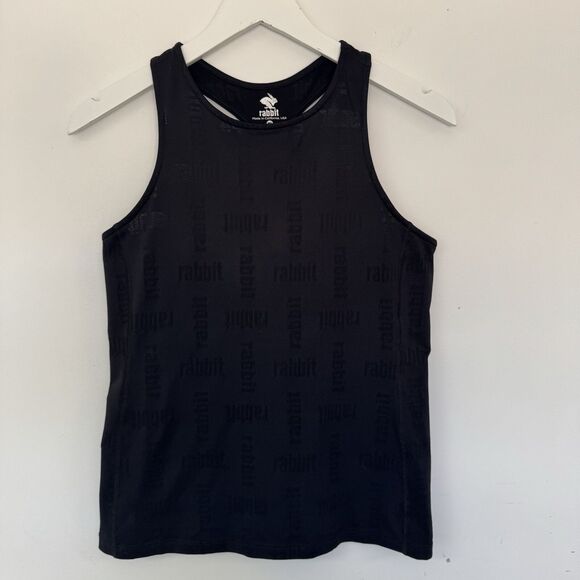 Rabbit Racy Running Tank Black Logo Perforated Spell Out Quick Dry Med FLAWED - Picture 2 of 9